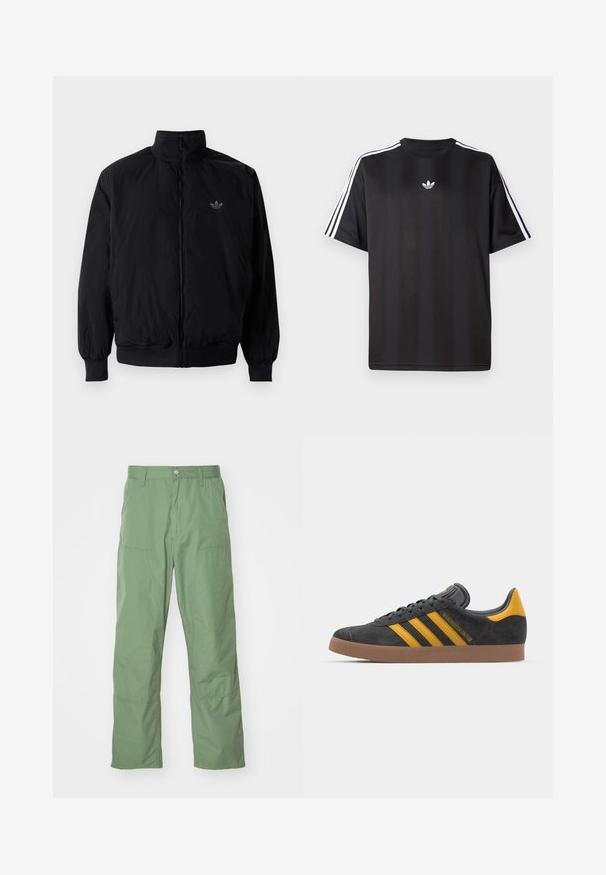 Musta vetoketjullinen takki, jossa on korkea kaulus, valmistettu kevyestä materiaalista. Varustettu joustavilla hihoilla ja vyötäröllä, ja ylävasemmalla on pieni logo.; Musta lyhythihainen T-paita, jossa valkoiset kolmioviivain yksityiskohdat hartioissa ja pieni valkoinen logo rinnassa. Silkkinen kangastuntuma.; Vaaleanvihreät, rentoa istuvuutta omaavat housut, joissa on sileä pinta, sivutaskut ja näkyvät ompeluvedot. Täysimittaiset suoranlahkeiset mallit.; Mustat samettiset tennarit, joissa on keltaisia yksityiskohtia, kolmonen raita ja ruskea kumipohja. Sisältää pehmustetun kielisen mukavuutta varten.