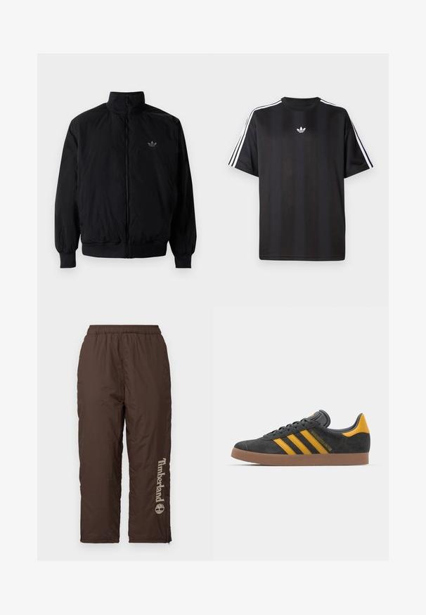 Schwarze Jacke mit Reißverschluss und hohem Kragen, aus leichtem Material gefertigt. Verfügt über elastische Bündchen und einen elastischen Saum, mit einem kleinen Logo oben links.; Schwarzes T-Shirt mit kurzen Ärmeln und weißen drei Streifen an den Schultern sowie einem kleinen weißen Logo auf der Brust. Glatte Stofftextur.; Braune Nylonhosen mit einem elastischen Bund. Verfügt über ein vertikales Timberland-Logo in Hellbeige. Glatte Textur, Knöchelfreiheit mit Reißverschlüssen zur Anpassung der Passform.; Schwarze Wildledersneaker mit gelben Akzenten, ausgestattet mit drei Streifen und einer braunen Gummisohle. Enthält eine gepolsterte Zunge für zusätzlichen Komfort.