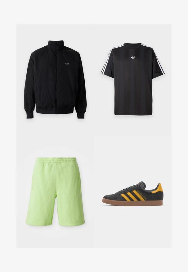 Crna jakna na zip s visokim ovratnikom, izrađena od laganog materijala. Ima elastične manžete i pojas, s malim logotipom na gornjem lijevom dijelu.; Crna majica kratkih rukava s bijelim trostrukim detaljima na ramenima i malim bijelim logotipom na prsima. Glatka tekstura tkanine.; Šortsevi limeta zelene boje izrađeni od mekanog materijala, s elastičnim pojasom, bočnim džepovima i malim bijelim logotipom na donjoj desnoj strani.; Crne nubuk tenisice s žutim detaljima, sa tri pruge i smešnim gumenim potplatom. Imaju jastučić na jeziku za udobnost.