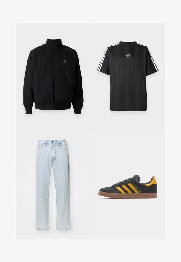 Black zipped jacket with high collar, made of lightweight material. Features elastic cuffs and waistband, with a small logo on the upper left.; Black short-sleeve t-shirt with white three-stripe detailing on shoulders and a small white logo on the chest. Smooth fabric texture.; Light blue straight-leg jeans made of denim, featuring five pockets, a zip fly with button closure, and subtle fading on the fabric.; Black suede sneaker with yellow accents, featuring three stripes and a brown rubber sole. Includes a padded tongue for comfort.