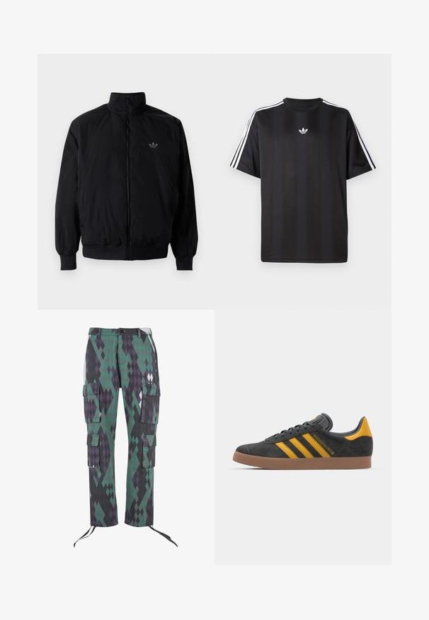 Black zipped jacket with high collar, made of lightweight material. Features elastic cuffs and waistband, with a small logo on the upper left.; Black short-sleeve t-shirt with white three-stripe detailing on shoulders and a small white logo on the chest. Smooth fabric texture.; Cargo pants in a diamond pattern of green, purple, and black. Features six pockets, adjustable cuffs, and a button closure at the waist.; Black suede sneaker with yellow accents, featuring three stripes and a brown rubber sole. Includes a padded tongue for comfort.