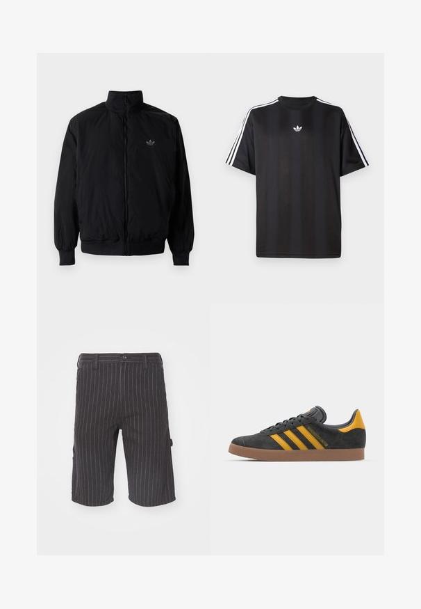 Black zipped jacket with high collar, made of lightweight material. Features elastic cuffs and waistband, with a small logo on the upper left.; Black short-sleeve t-shirt with white three-stripe detailing on shoulders and a small white logo on the chest. Smooth fabric texture.; Black pinstriped shorts with a straight cut, featuring a button closure and side pockets, made from a textured cotton blend fabric.; Black suede sneaker with yellow accents, featuring three stripes and a brown rubber sole. Includes a padded tongue for comfort.