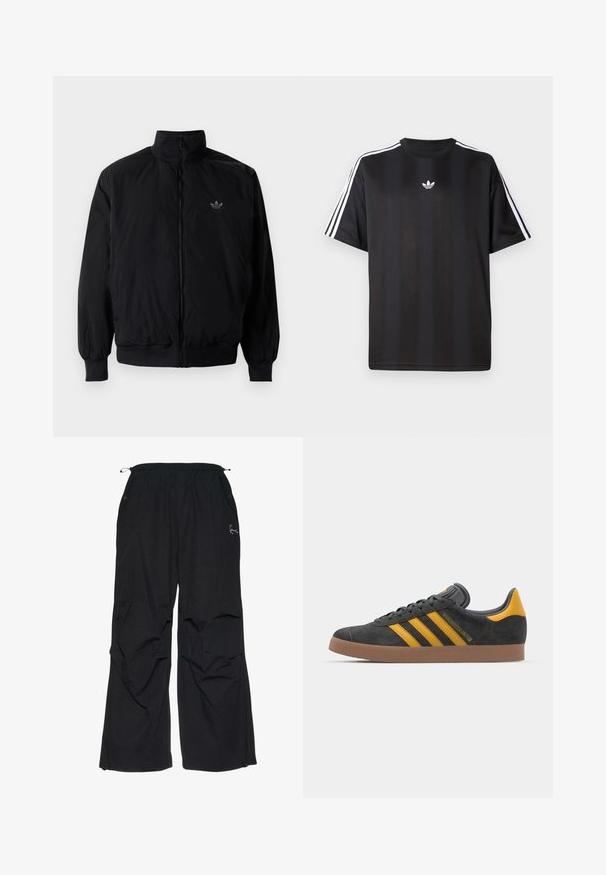 Black zipped jacket with high collar, made of lightweight material. Features elastic cuffs and waistband, with a small logo on the upper left.; Black short-sleeve t-shirt with white three-stripe detailing on shoulders and a small white logo on the chest. Smooth fabric texture.; Black, loose-fitting pants with an elastic waistband, two side pockets, and a subtle embroidered logo on the front. Lightweight fabric.; Black suede sneaker with yellow accents, featuring three stripes and a brown rubber sole. Includes a padded tongue for comfort.
