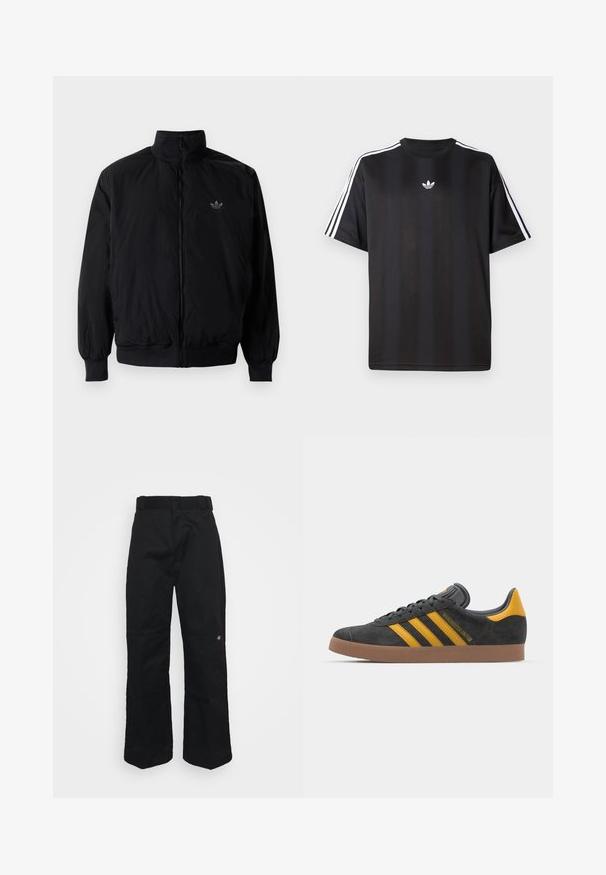 Crna jakna na zip s visokim ovratnikom, izrađena od laganog materijala. Ima elastične manžete i pojas, s malim logotipom na gornjem lijevom dijelu.; Crna majica kratkih rukava s bijelim trostrukim detaljima na ramenima i malim bijelim logotipom na prsima. Glatka tekstura tkanine.; Crne hlače širokog kroja s glatkom teksturom, koje imaju običan pojas i mali izvezeni logo blizu desne noge.; Crne nubuk tenisice s žutim detaljima, sa tri pruge i smešnim gumenim potplatom. Imaju jastučić na jeziku za udobnost.