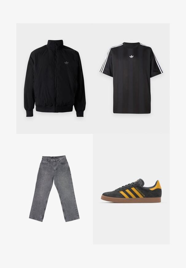 Black zipped jacket with high collar, made of lightweight material. Features elastic cuffs and waistband, with a small logo on the upper left.; Black short-sleeve t-shirt with white three-stripe detailing on shoulders and a small white logo on the chest. Smooth fabric texture.; Gray denim pants with a straight-leg cut, featuring five pockets, belt loops, and a faded texture. Simple design, no visible patterns.; Black suede sneaker with yellow accents, featuring three stripes and a brown rubber sole. Includes a padded tongue for comfort.