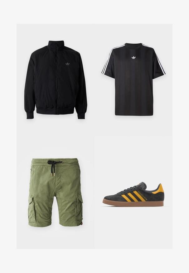 Black zipped jacket with high collar, made of lightweight material. Features elastic cuffs and waistband, with a small logo on the upper left.; Black short-sleeve t-shirt with white three-stripe detailing on shoulders and a small white logo on the chest. Smooth fabric texture.; Olive green cotton cargo shorts featuring side pockets, drawstring waistband with gold hardware, and a soft, textured finish.; Black suede sneaker with yellow accents, featuring three stripes and a brown rubber sole. Includes a padded tongue for comfort.