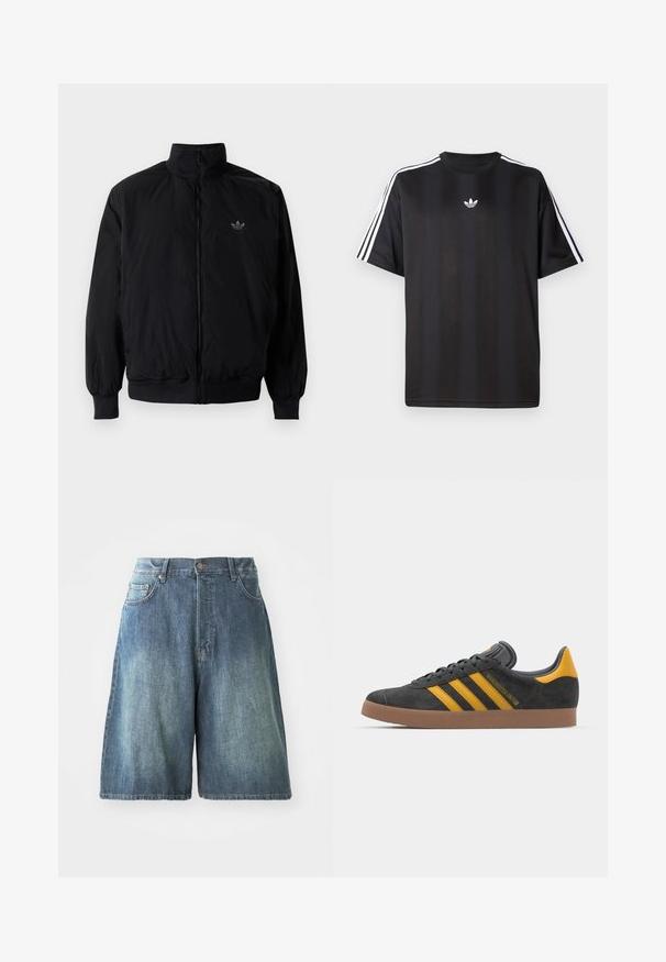 Black zipped jacket with high collar, made of lightweight material. Features elastic cuffs and waistband, with a small logo on the upper left.; Black short-sleeve t-shirt with white three-stripe detailing on shoulders and a small white logo on the chest. Smooth fabric texture.; Denim shorts in a medium blue wash, featuring a high waist, five pockets, and a straight fit. Distinctive whiskering detail on the front.; Black suede sneaker with yellow accents, featuring three stripes and a brown rubber sole. Includes a padded tongue for comfort.