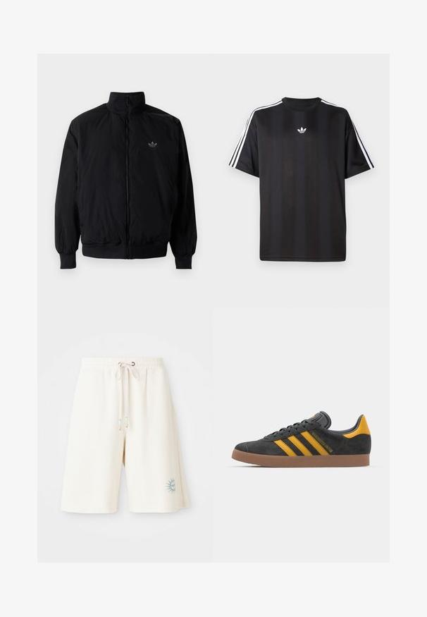 Sort lynlåsjakke med høj krave, fremstillet af letvægtsmateriale. Har elastiske manchetter og talje, med et lille logo på øverste venstre side.; Sort kortærmet t-shirt med hvid tre-stribe detaljer på skuldrene og et lille hvidt logo på brystet. Glat stofstruktur.; Lyscreme shorts lavet af tekstureret stof med elastisk talje, justerbar snoretræk og et trykt sol-design på venstre ben.; Sort suedet sneaker med gule accenter, der har tre striber og en brun gummisål. Inkluderer en polstret tunge for komfort.