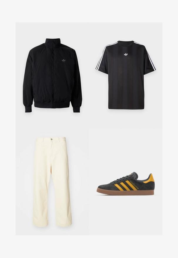 Svart zipjacka med hög krage, tillverkad av lätt material. Har elastiska cuffar och midja, med en liten logo på övre vänster.; Svart t-shirt med kort ärm och vita tre-randiga detaljer på axlarna samt en liten vit logotyp på bröstet. Slät tygtextur.; Gräddfärgade, vida byxor i bomull med knappknäppning, bälteshängare och sydd fåll. Slät textur, inga synliga mönster.; Svart mockaskor med gula accenter, med tre ränder och en brun gummisula. Inkluderar en vadderad tunga för extra komfort.