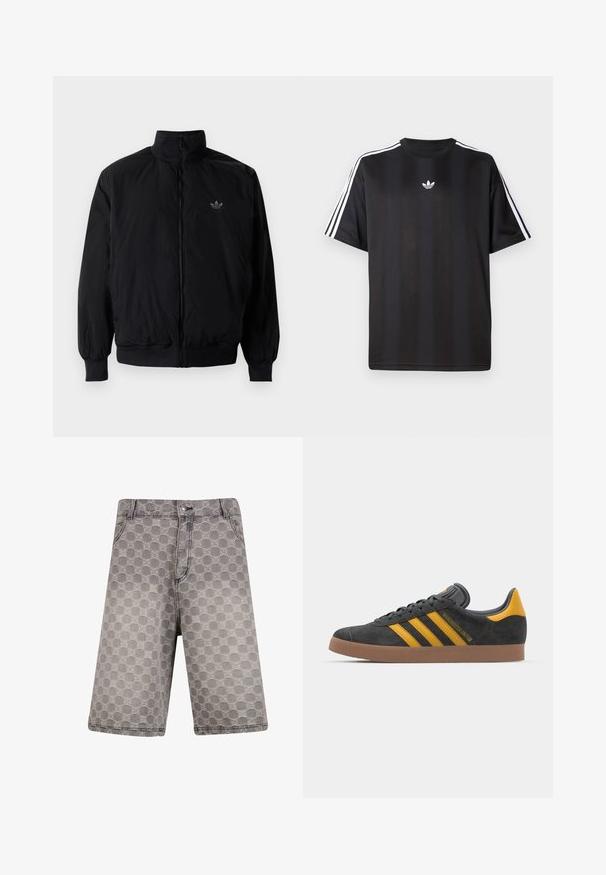 Black zipped jacket with high collar, made of lightweight material. Features elastic cuffs and waistband, with a small logo on the upper left.; Black short-sleeve t-shirt with white three-stripe detailing on shoulders and a small white logo on the chest. Smooth fabric texture.; Gray denim shorts featuring a circular pattern, with a traditional five-pocket design and visible stitching accents.; Black suede sneaker with yellow accents, featuring three stripes and a brown rubber sole. Includes a padded tongue for comfort.