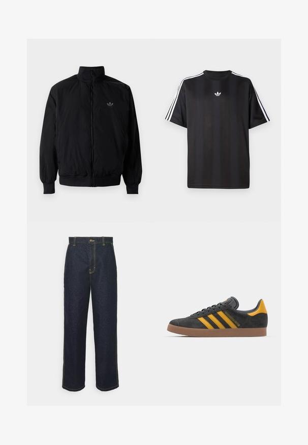 Black zipped jacket with high collar, made of lightweight material. Features elastic cuffs and waistband, with a small logo on the upper left.; Black short-sleeve t-shirt with white three-stripe detailing on shoulders and a small white logo on the chest. Smooth fabric texture.; Wide-leg dark denim jeans with yellow stitching, featuring a front button closure and side pockets. Smooth texture and traditional design.; Black suede sneaker with yellow accents, featuring three stripes and a brown rubber sole. Includes a padded tongue for comfort.