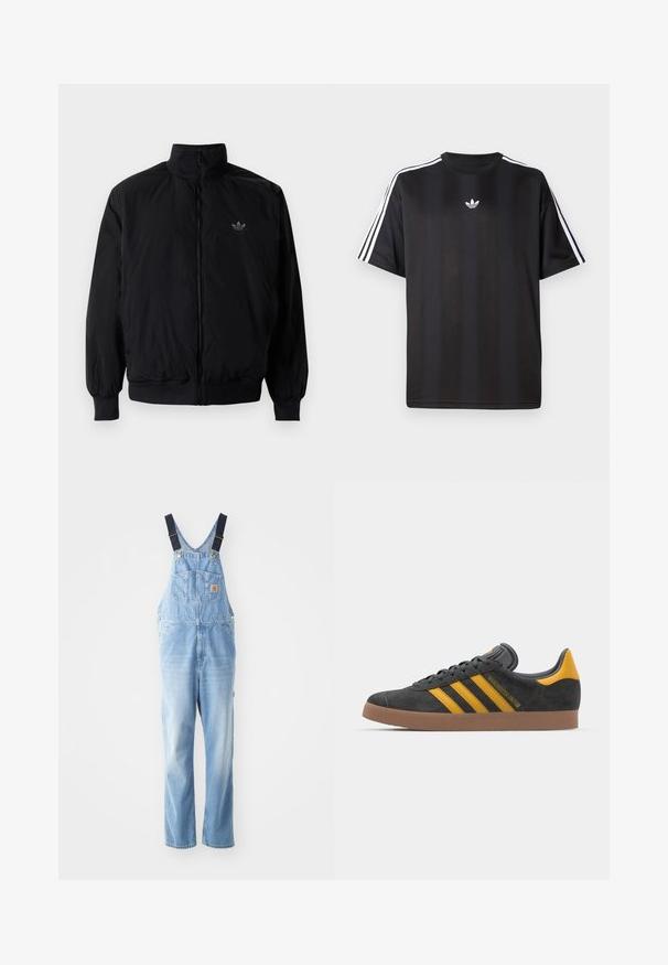 Black zipped jacket with high collar, made of lightweight material. Features elastic cuffs and waistband, with a small logo on the upper left.; Black short-sleeve t-shirt with white three-stripe detailing on shoulders and a small white logo on the chest. Smooth fabric texture.; Light blue denim overalls with adjustable dark blue straps, front pocket, and gold hardware accents. Loose-fitting, straight-leg design.; Black suede sneaker with yellow accents, featuring three stripes and a brown rubber sole. Includes a padded tongue for comfort.