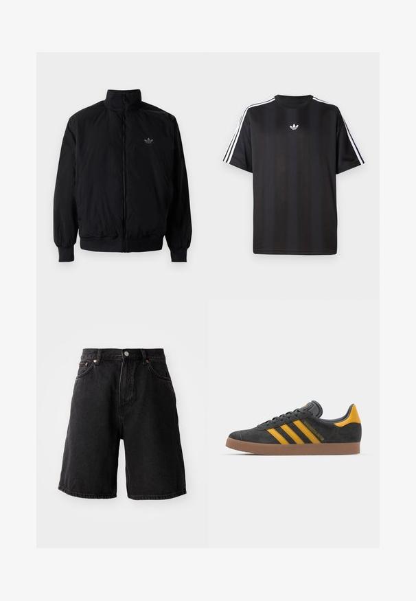 Black zipped jacket with high collar, made of lightweight material. Features elastic cuffs and waistband, with a small logo on the upper left.; Black short-sleeve t-shirt with white three-stripe detailing on shoulders and a small white logo on the chest. Smooth fabric texture.; Black denim shorts with a loose fit, featuring copper hardware, five pockets, and a straight hem. Fabric has a soft, textured surface.; Black suede sneaker with yellow accents, featuring three stripes and a brown rubber sole. Includes a padded tongue for comfort.