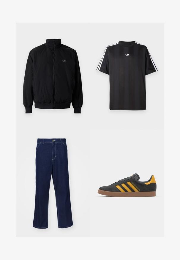 Čierna zips kombinéza s vysokým golierom, vyrobená z ľahkého materiálu. Obsahuje elastické manžety a pás, s malým logom na hornej ľavej strane.; Čierne tričko s krátkym rukávom a bielymi trojpruhmi na pleciach a malým bielym logom na hrudi. Hladká textúra látky.; Tmavomodré džínsy s rovnými nohavicami, so svetlými šitými detailmi a predným zapínaním na gombík. Hladká textúra.; Čierne semišové tenisky so žltými akcentmi, ktoré majú tri pruhy a hnedú gumovú podrážku. Obsahujú vypolstrovaný jazyk pre pohodlie.