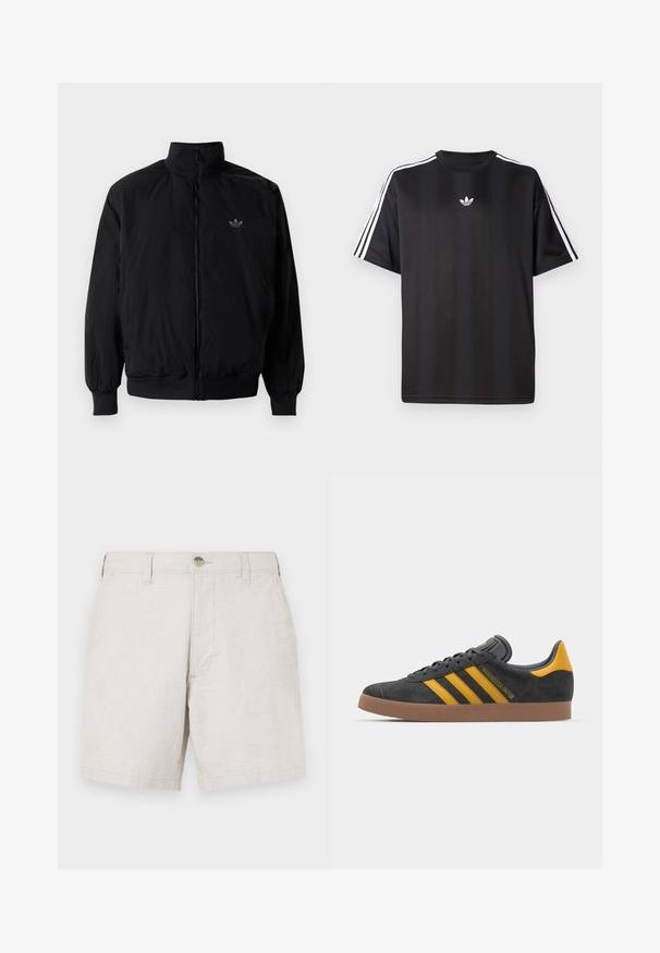 Black zipped jacket with high collar, made of lightweight material. Features elastic cuffs and waistband, with a small logo on the upper left.; Black short-sleeve t-shirt with white three-stripe detailing on shoulders and a small white logo on the chest. Smooth fabric texture.; Beige linen shorts with a straight cut, featuring a front button closure, belt loops, and two side pockets. Textured fabric.; Black suede sneaker with yellow accents, featuring three stripes and a brown rubber sole. Includes a padded tongue for comfort.