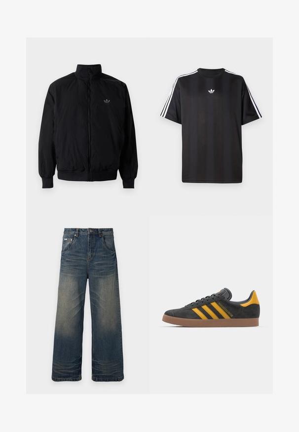 Black zipped jacket with high collar, made of lightweight material. Features elastic cuffs and waistband, with a small logo on the upper left.; Black short-sleeve t-shirt with white three-stripe detailing on shoulders and a small white logo on the chest. Smooth fabric texture.; The Ragged Priest MAVERICK WIDE - Baggy Jeans - dark blue dirty; Black suede sneaker with yellow accents, featuring three stripes and a brown rubber sole. Includes a padded tongue for comfort.