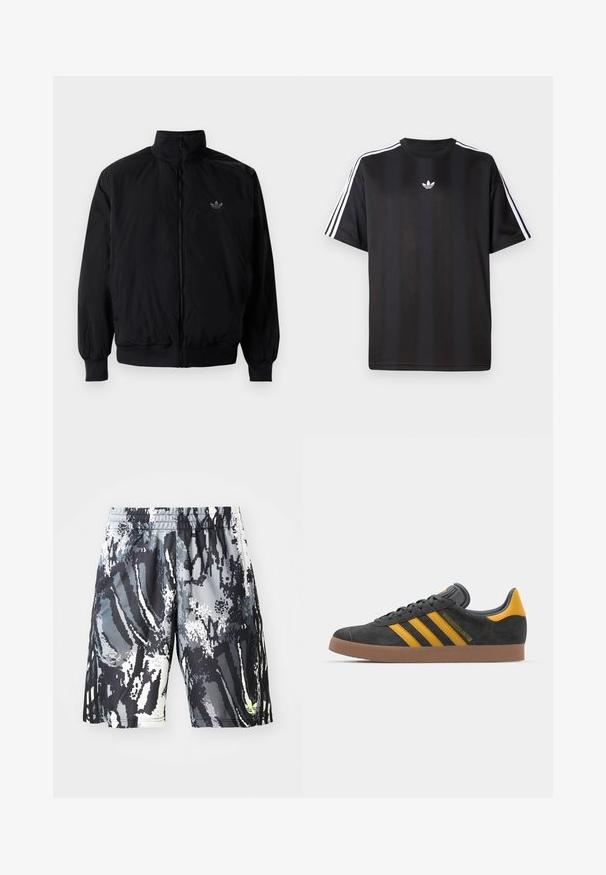 Czarna kurtka zapinana na zamek z wysokim kołnierzem, wykonana z lekkiego materiału. Posiada elastyczne mankiety i pas, oraz małe logo na górnej lewej stronie.; Czarna koszulka z krótkim rękawem z białymi, trzema paskami na ramionach oraz małym białym logotypem na klatce piersiowej. Gładka tekstura materiału.; Czarno-szare szorty sportowe w wzory z elastycznym pasem, z cyfrowym abstrakcyjnym wzorem i małym neonowym akcentem.; Czarne zamszowe sneakersy z żółtymi akcentami, z trzema paskami i brązową gumową podeszwą. Posiadają wyściełany język dla większego komfortu.