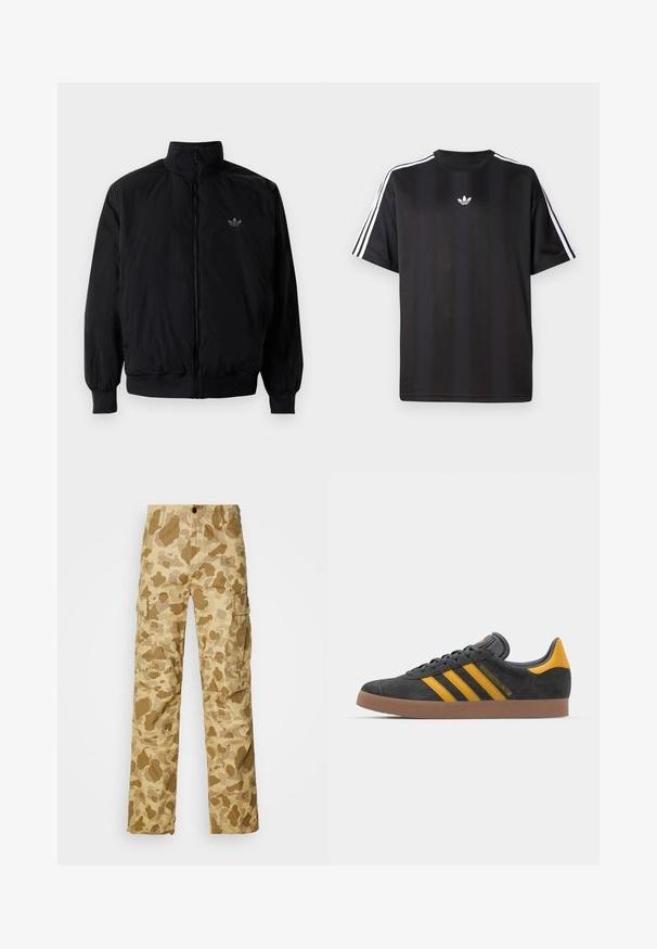Black zipped jacket with high collar, made of lightweight material. Features elastic cuffs and waistband, with a small logo on the upper left.; Black short-sleeve t-shirt with white three-stripe detailing on shoulders and a small white logo on the chest. Smooth fabric texture.; Beige cargo pants with a light brown camouflage pattern, featuring two side pockets and a straight leg design. Textured fabric with subtle stripes.; Black suede sneaker with yellow accents, featuring three stripes and a brown rubber sole. Includes a padded tongue for comfort.