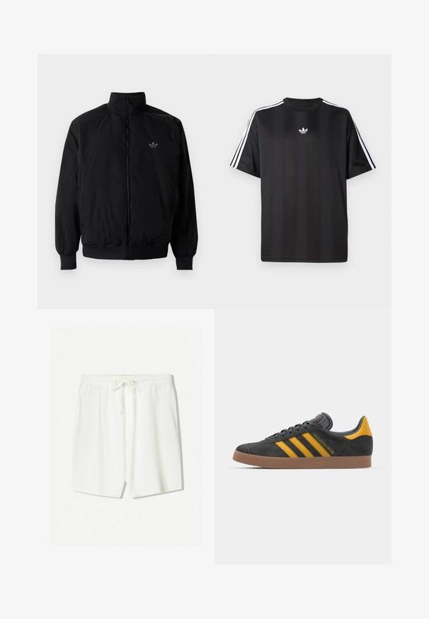 Zwarte geluiting jack met hoge kraag, gemaakt van lichtgewicht materiaal. Voorzien van elastische manchetten en tailleband, met een klein logo op de linkerbovenkant.; Zwarte t-shirt met korte mouwen, voorzien van een witte drievoudige streep op de schouders en een klein wit logo op de borst. Glad textiel.; Witte sportieve shorts van lichtgewicht stof, met een elastische tailleband en een trekkoord, en zijzakken. Zachte textuur.; Zwarte suède sneakers met gele accenten, voorzien van drie strepen en een bruine rubberen zool. Inclusief een gevoerde tong voor comfort.