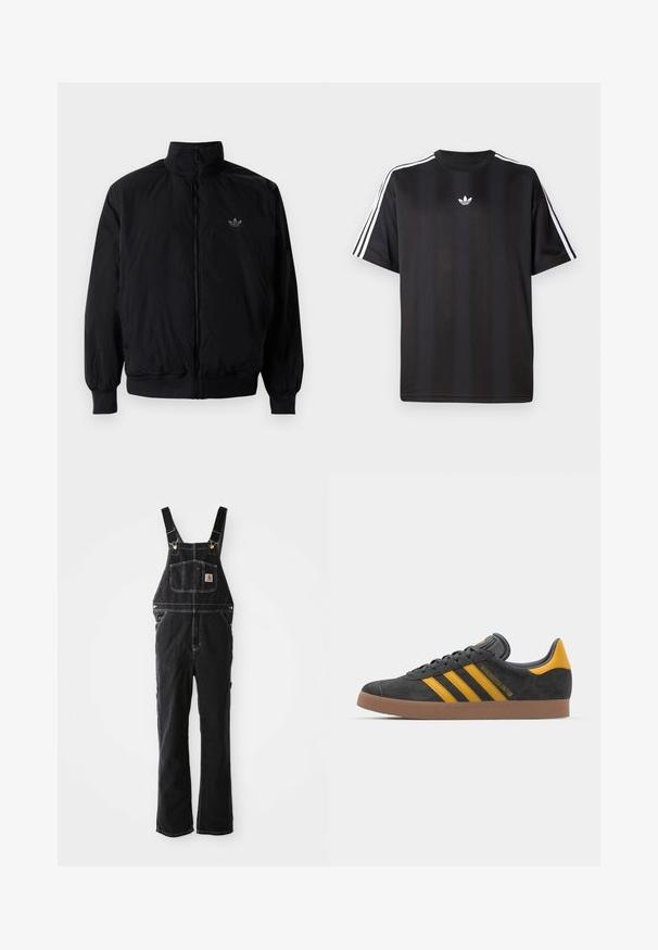 Crna jakna na zip s visokim ovratnikom, izrađena od laganog materijala. Ima elastične manžete i pojas, s malim logotipom na gornjem lijevom dijelu.; Crna majica kratkih rukava s bijelim trostrukim detaljima na ramenima i malim bijelim logotipom na prsima. Glatka tekstura tkanine.; Crne traperice s naramenicama imaju podesive naramenice, prednji dzep i zlatne detalje. Tkanina ima teksturirani, čvrsti izgled.; Crne nubuk tenisice s žutim detaljima, sa tri pruge i smešnim gumenim potplatom. Imaju jastučić na jeziku za udobnost.
