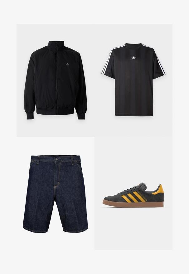 Black zipped jacket with high collar, made of lightweight material. Features elastic cuffs and waistband, with a small logo on the upper left.; Black short-sleeve t-shirt with white three-stripe detailing on shoulders and a small white logo on the chest. Smooth fabric texture.; Denim shorts in dark blue with yellow stitching, featuring a front button, belt loops, and side pockets. Smooth texture, knee-length design.; Black suede sneaker with yellow accents, featuring three stripes and a brown rubber sole. Includes a padded tongue for comfort.