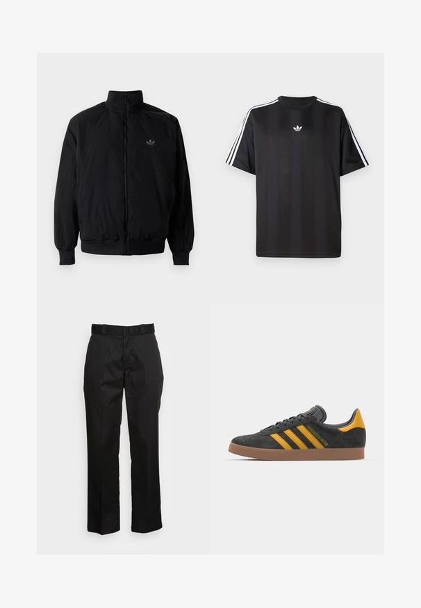 Musta vetoketjullinen takki, jossa on korkea kaulus, valmistettu kevyestä materiaalista. Varustettu joustavilla hihoilla ja vyötäröllä, ja ylävasemmalla on pieni logo.; Musta lyhythihainen T-paita, jossa valkoiset kolmioviivain yksityiskohdat hartioissa ja pieni valkoinen logo rinnassa. Silkkinen kangastuntuma.; Mustat housut, jotka on valmistettu sileästä kankaasta, suoran lahkeen muotoilu, vyölenkit ja kaksi sivutaskua. Klassinen ilme ilman koristeita.; Mustat samettiset tennarit, joissa on keltaisia yksityiskohtia, kolmonen raita ja ruskea kumipohja. Sisältää pehmustetun kielisen mukavuutta varten.