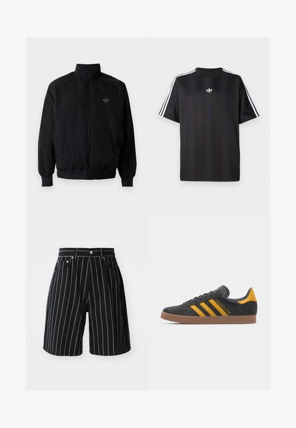 Musta vetoketjullinen takki, jossa on korkea kaulus, valmistettu kevyestä materiaalista. Varustettu joustavilla hihoilla ja vyötäröllä, ja ylävasemmalla on pieni logo.; Musta lyhythihainen T-paita, jossa valkoiset kolmioviivain yksityiskohdat hartioissa ja pieni valkoinen logo rinnassa. Silkkinen kangastuntuma.; Lyhyet mustat raidalliset housut, jotka on valmistettu puuvillasta. Niissä on erottuvat valkoiset pystysuorat raidat, nappisulkimet ja etutaskut.; Mustat samettiset tennarit, joissa on keltaisia yksityiskohtia, kolmonen raita ja ruskea kumipohja. Sisältää pehmustetun kielisen mukavuutta varten.