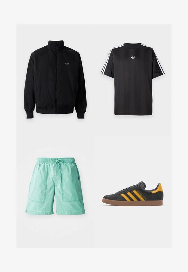 Black zipped jacket with high collar, made of lightweight material. Features elastic cuffs and waistband, with a small logo on the upper left.; Black short-sleeve t-shirt with white three-stripe detailing on shoulders and a small white logo on the chest. Smooth fabric texture.; Mint green shorts made of lightweight fabric, featuring an elastic waistband, drawstring, and two side pockets with stitched accents.; Black suede sneaker with yellow accents, featuring three stripes and a brown rubber sole. Includes a padded tongue for comfort.