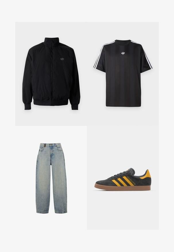 Crna jakna na zip s visokim ovratnikom, izrađena od laganog materijala. Ima elastične manžete i pojas, s malim logotipom na gornjem lijevom dijelu.; Crna majica kratkih rukava s bijelim trostrukim detaljima na ramenima i malim bijelim logotipom na prsima. Glatka tekstura tkanine.; Svijetloplavi traperice s opuštenim krojem, koje imaju visoki struk, široke nogavice, klasični dizajn s pet džepova i metalne dodatke.; Crne nubuk tenisice s žutim detaljima, sa tri pruge i smešnim gumenim potplatom. Imaju jastučić na jeziku za udobnost.