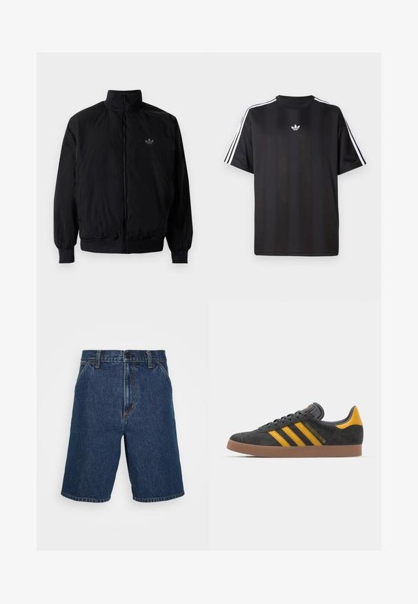 Black zipped jacket with high collar, made of lightweight material. Features elastic cuffs and waistband, with a small logo on the upper left.; Black short-sleeve t-shirt with white three-stripe detailing on shoulders and a small white logo on the chest. Smooth fabric texture.; Denim shorts in dark blue with a straight cut. Features yellow stitching and a classic five-pocket design. Regular waistband and hemmed edges.; Black suede sneaker with yellow accents, featuring three stripes and a brown rubber sole. Includes a padded tongue for comfort.