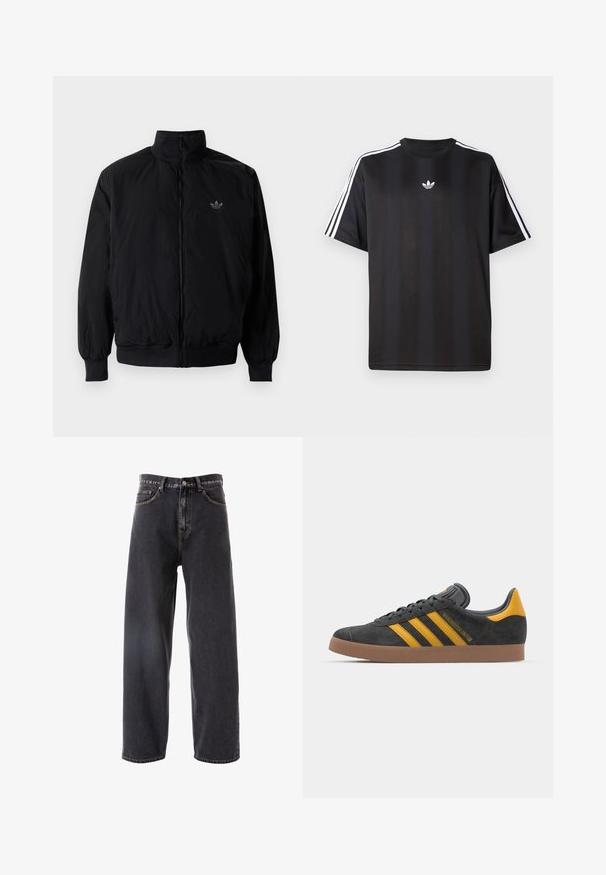 Musta vetoketjullinen takki, jossa on korkea kaulus, valmistettu kevyestä materiaalista. Varustettu joustavilla hihoilla ja vyötäröllä, ja ylävasemmalla on pieni logo.; Musta lyhythihainen T-paita, jossa valkoiset kolmioviivain yksityiskohdat hartioissa ja pieni valkoinen logo rinnassa. Silkkinen kangastuntuma.; Tummanharmaat farkut, joissa on leveä suora lahje, viisi taskua, vaaleat tikkauslangat ja nappikiinnitys vyötäröllä.; Mustat samettiset tennarit, joissa on keltaisia yksityiskohtia, kolmonen raita ja ruskea kumipohja. Sisältää pehmustetun kielisen mukavuutta varten.