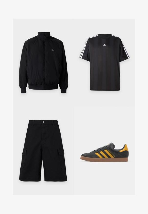 Czarna kurtka zapinana na zamek z wysokim kołnierzem, wykonana z lekkiego materiału. Posiada elastyczne mankiety i pas, oraz małe logo na górnej lewej stronie.; Czarna koszulka z krótkim rękawem z białymi, trzema paskami na ramionach oraz małym białym logotypem na klatce piersiowej. Gładka tekstura materiału.; Czarne szorty cargo wykonane z wytrzymałego materiału. Posiadają dwie boczne kieszenie, zamek błyskawiczny oraz prostą talię z metalowym guzikiem.; Czarne zamszowe sneakersy z żółtymi akcentami, z trzema paskami i brązową gumową podeszwą. Posiadają wyściełany język dla większego komfortu.