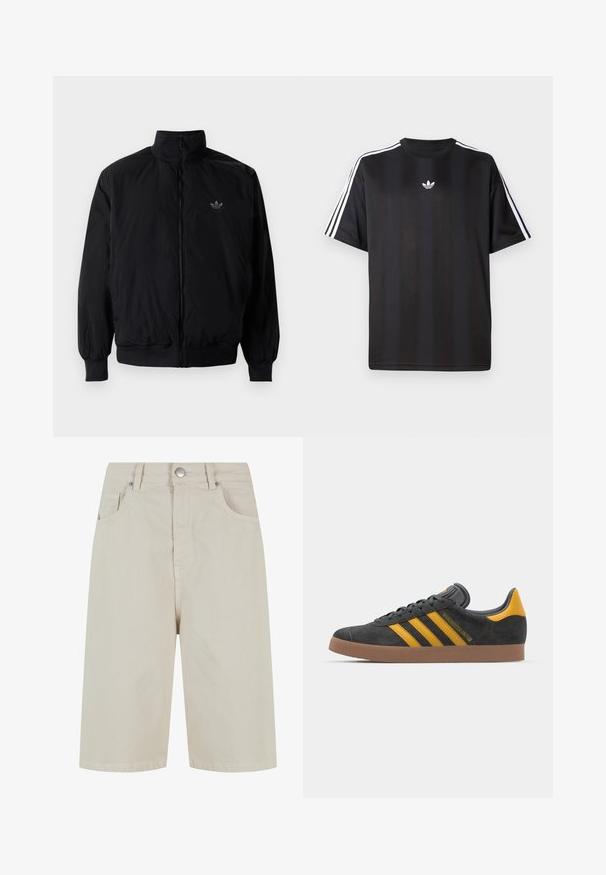 Sort lynlåsjakke med høj krave, fremstillet af letvægtsmateriale. Har elastiske manchetter og talje, med et lille logo på øverste venstre side.; Sort kortærmet t-shirt med hvid tre-stribe detaljer på skuldrene og et lille hvidt logo på brystet. Glat stofstruktur.; Beige denim shorts med lige snit, en frontknaplukning og fire lommer. Stof har en glat tekstur og minimal sømdetail.; Sort suedet sneaker med gule accenter, der har tre striber og en brun gummisål. Inkluderer en polstret tunge for komfort.