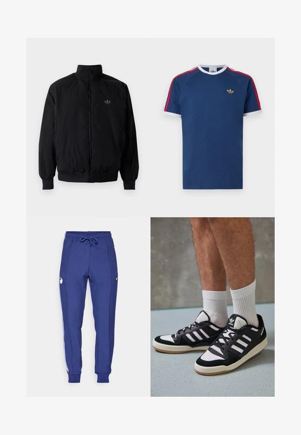Černá zipová bunda s vysokým límcem, vyrobená z lehkého materiálu. Má elastické manžety a pas, s malým logem na horní levé straně.; Tmavě modré tričko z měkké bavlny s bílými a červenými pruhy na rukávech, kulatým výstřihem a malým zlatým logem na hrudi.; Námořnické modré tepláky vyrobené z měkké tkaniny, s bílými bočními pruhy, elastickým pasem se šňůrkou a logem na levé noze.; Černobílé tenisky s vrchní částí z semišové a kožené kůže, včetně tří bílých pruhů, perforovaného špičky a podrážky z gumy.