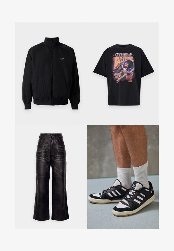 Zwarte geluiting jack met hoge kraag, gemaakt van lichtgewicht materiaal. Voorzien van elastische manchetten en tailleband, met een klein logo op de linkerbovenkant.; Zwarte katoenen t-shirt met een grafische print met "1972 WORLD CHAMPS," een helmmotief en "The Clash of Centuries," in levendige kleuren.; Zwarte leren wijde broek met een soepele textuur, voorzakken, riemlussen en subtiele verticale patronen op de stof.; Zwart-witte sneakers met een bovenwerk van suede en leer, voorzien van drie witte strepen, een geperforeerde neus en een rubberen gumzool.