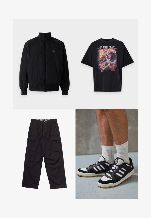 Čierna zips kombinéza s vysokým golierom, vyrobená z ľahkého materiálu. Obsahuje elastické manžety a pás, s malým logom na hornej ľavej strane.; Čierne bavlnené tričko s grafickým potlačou "1972 WORLD CHAMPS," dizajnom prilby a nápisom "The Clash of Centuries" v živých farbách.; Čierne cargo nohavice z bavlny s uvoľneným strihom, viacerými bočnými vreckami a plochým pásom s viditeľnými detailmi.; Čierno-biele tenisky s vrchom z semišu a kože, s troma bielymi pruhmi, perforovanou špičkou a gumovou podrážkou.