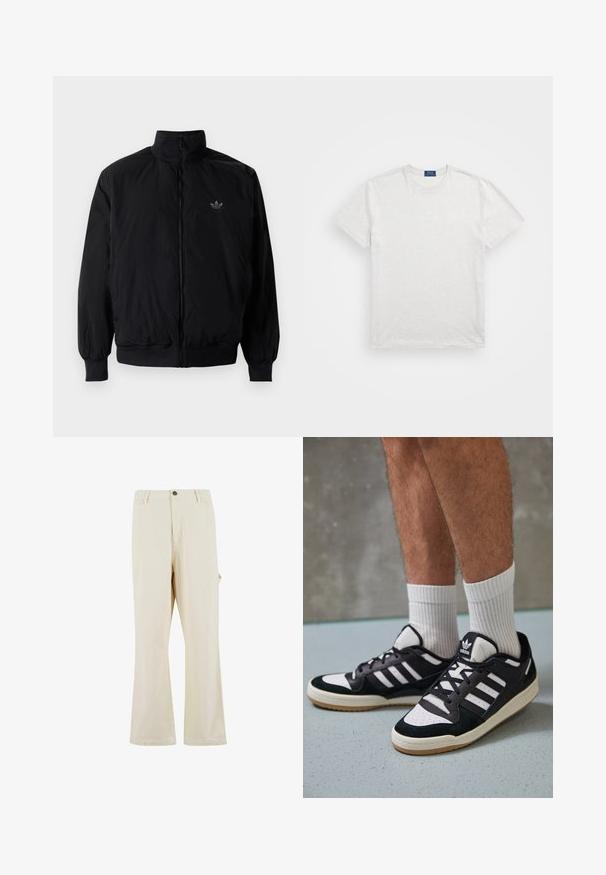 Black zipped jacket with high collar, made of lightweight material. Features elastic cuffs and waistband, with a small logo on the upper left.; Light gray cotton t-shirt with a crew neck, short sleeves, and a subtle logo detail on the chest, featuring a classic, casual fit.; Beige, wide-leg trousers made of cotton blend fabric with a button closure. Features side pockets and a subtle texture. Seam detailing visible.; Black and white sneakers with a suede and leather upper, featuring three white stripes, a perforated toe, and a gum rubber sole.