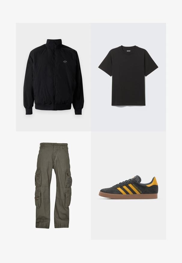 Černá zipová bunda s vysokým límcem, vyrobená z lehkého materiálu. Má elastické manžety a pas, s malým logem na horní levé straně.; Černé tričko s krátkým rukávem z měkké bavlny, s kulatým výstřihem a jednoduchým designem bez vzorů či akcentů.; Kalhoty typu cargo z olivově zelené bavlny, s několika bočními kapsami, volným střihem a zesílenými švy pro trvanlivost.; Černé semišové tenisky se žlutými akcenty, vybavené třemi pruhy a hnědou gumovou podrážkou. Obsahují polstrovaný jazyk pro pohodlí.