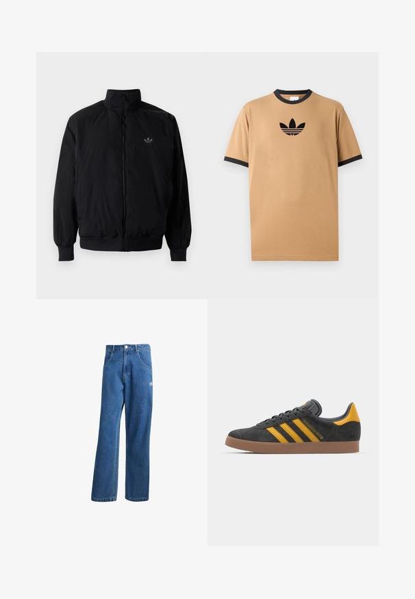 Crna jakna na zip s visokim ovratnikom, izrađena od laganog materijala. Ima elastične manžete i pojas, s malim logotipom na gornjem lijevom dijelu.; Pješčana pamučna majica s crnim rebrastim O izrezom i manžetama. Sadrži crni Adidas logo s tri pruge ispod logotipa na prsima.; Plave farmerke visokog struka sa širokim nogavicama, prednjim džepovima, petljama za remen, zatvaranjem na dugme i malim Adidas logotipom na desnom bedrima.; Crne nubuk tenisice s žutim detaljima, sa tri pruge i smešnim gumenim potplatom. Imaju jastučić na jeziku za udobnost.