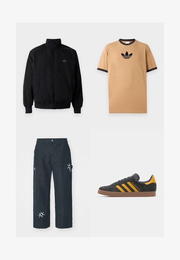 Schwarze Jacke mit Reißverschluss und hohem Kragen, aus leichtem Material gefertigt. Verfügt über elastische Bündchen und einen elastischen Saum, mit einem kleinen Logo oben links.; Beige Baumwoll-T-Shirt mit einem schwarzen gerippten Rundhalsausschnitt und Bündchen. Verfügt über ein schwarzes Adidas-Logo mit drei Streifen unter dem Logo auf der Brust.; Schwarze Cargo-Hosen aus Baumwolle mit lässigem Schnitt, ausgestattet mit dekorativer, weißer, sternförmiger Stickerei an den Seiten und einem metallenen Knopfverschluss.; Schwarze Wildledersneaker mit gelben Akzenten, ausgestattet mit drei Streifen und einer braunen Gummisohle. Enthält eine gepolsterte Zunge für zusätzlichen Komfort.