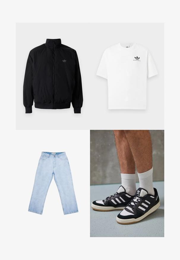 Black zipped jacket with high collar, made of lightweight material. Features elastic cuffs and waistband, with a small logo on the upper left.; White cotton t-shirt with short sleeves, featuring a black "BASKETBALL" logo and iconic three-stripe design on the front.; Light blue denim jeans with a straight leg design, elastic waistband, and five-pocket style. Smooth texture and minimal stitching details.; Black and white sneakers with a suede and leather upper, featuring three white stripes, a perforated toe, and a gum rubber sole.