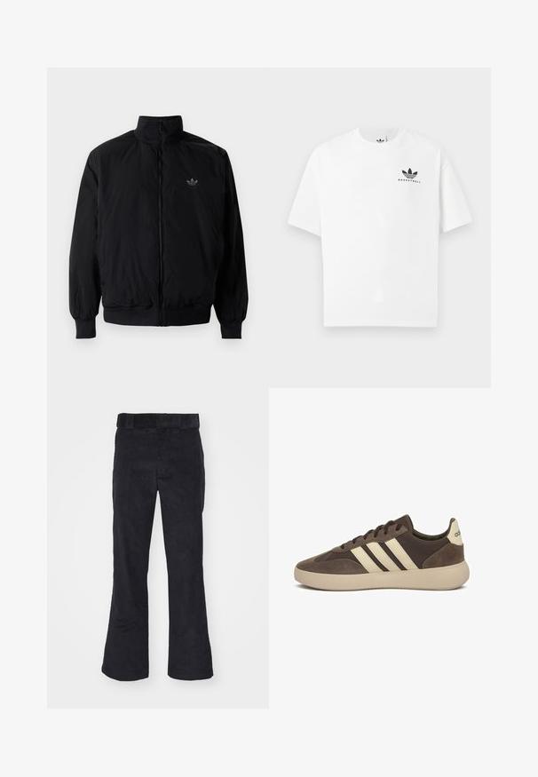 Zwarte geluiting jack met hoge kraag, gemaakt van lichtgewicht materiaal. Voorzien van elastische manchetten en tailleband, met een klein logo op de linkerbovenkant.; Witte katoenen t-shirt met korte mouwen, voorzien van een zwart "BASKETBALL" logo en het iconische drie-streependesign aan de voorkant.; Zwarte corduroy broek met een relaxed fit, voorzien van een klassieke tailleband en uitlopende pijpen, zachte textuur en geen zichtbare patronen of accenten.; Bruine suède sneaker met drie witte strepen, afgeronde neus, dikke rubberen zool en minimale branding op de hiel.