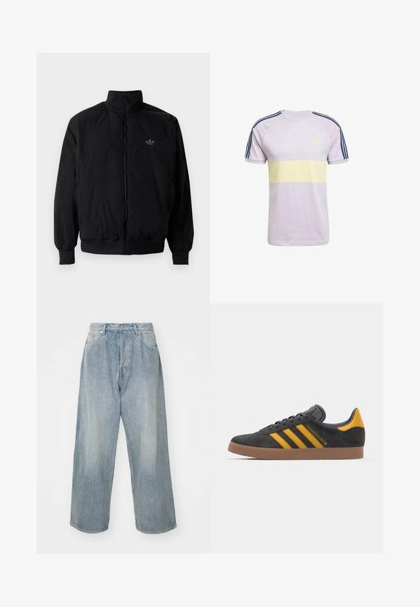 Black zipped jacket with high collar, made of lightweight material. Features elastic cuffs and waistband, with a small logo on the upper left.; Light purple cotton T-shirt with a yellow horizontal stripe, navy blue three-stripe design on shoulders, and small adidas logo in yellow.; Light blue denim jeans with a loose fit, high waist, five pockets, and contrasting stitching. Features a straight leg design and clean hems.; Black suede sneaker with yellow accents, featuring three stripes and a brown rubber sole. Includes a padded tongue for comfort.