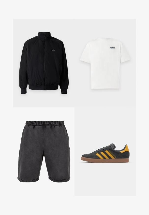 Musta vetoketjullinen takki, jossa on korkea kaulus, valmistettu kevyestä materiaalista. Varustettu joustavilla hihoilla ja vyötäröllä, ja ylävasemmalla on pieni logo.; Valkoinen puuvillapaita, jossa on sininen brodeerattu "Timberland Rugged Active Gear" -logo vasemmassa ylärinnassa. Lyhyet hihat ja pyöreä kaula-aukko.; Mustat puuvillahousut, joissa on joustava vyötärö, sivutaskut ja koristeompeleita. Kankaassa on pehmeä, matta pinta.; Mustat samettiset tennarit, joissa on keltaisia yksityiskohtia, kolmonen raita ja ruskea kumipohja. Sisältää pehmustetun kielisen mukavuutta varten.