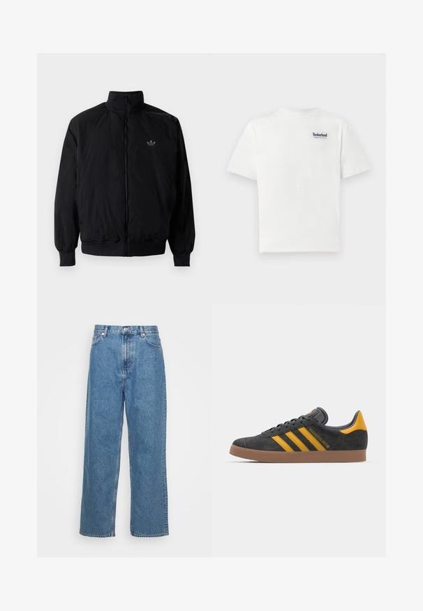 Black zipped jacket with high collar, made of lightweight material. Features elastic cuffs and waistband, with a small logo on the upper left.; White cotton t-shirt featuring a blue embroidered "Timberland Rugged Active Gear" logo on the upper left chest. Short sleeves and round neck.; Weekday GALAXY LOOSE STRAIGHT UNISEX - Loose Jeans - blue; Black suede sneaker with yellow accents, featuring three stripes and a brown rubber sole. Includes a padded tongue for comfort.