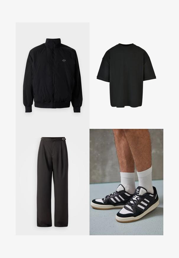 Černá zipová bunda s vysokým límcem, vyrobená z lehkého materiálu. Má elastické manžety a pas, s malým logem na horní levé straně.; Černé oversized tričko vyrobené z ribbrované látky. Kulatý výstřih, krátké rukávy a uvolněný střih se rovním lemem. Jednoduchý a univerzální design.; Černé široké kalhoty vyrobené z hladké látky, s vysokým pasem, dvěma stříbrnými sponami na pase a plisovaným předním designem.; Černobílé tenisky s vrchní částí z semišové a kožené kůže, včetně tří bílých pruhů, perforovaného špičky a podrážky z gumy.