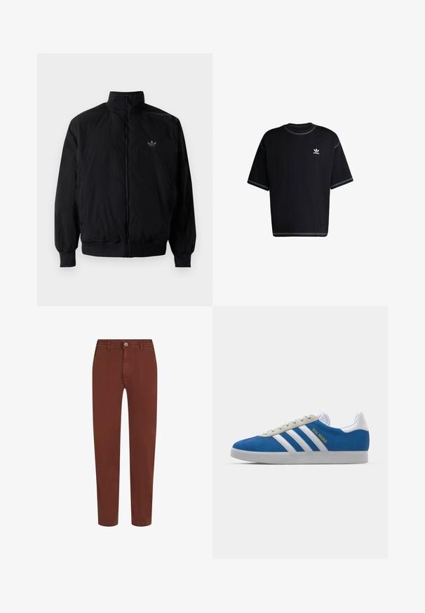 Veste noire à fermeture éclair avec col haut, fabriquée en matériau léger. Dotée de poignets et d'une taille élastiques, avec un petit logo en haut à gauche.; T-shirt en coton noir à manches courtes. Présente un col rond et des accents de couture blanche. Petit logo Adidas blanc sur la poitrine gauche.; Pantalons droits marron avec bouton avant, passants de ceinture et poches latérales, présentés sur fond blanc.; adidas Originals ADIDAS GAZELLE SHOES - Chaussures de football en salle - real madrid/bluebird/footwear white/crew yellow