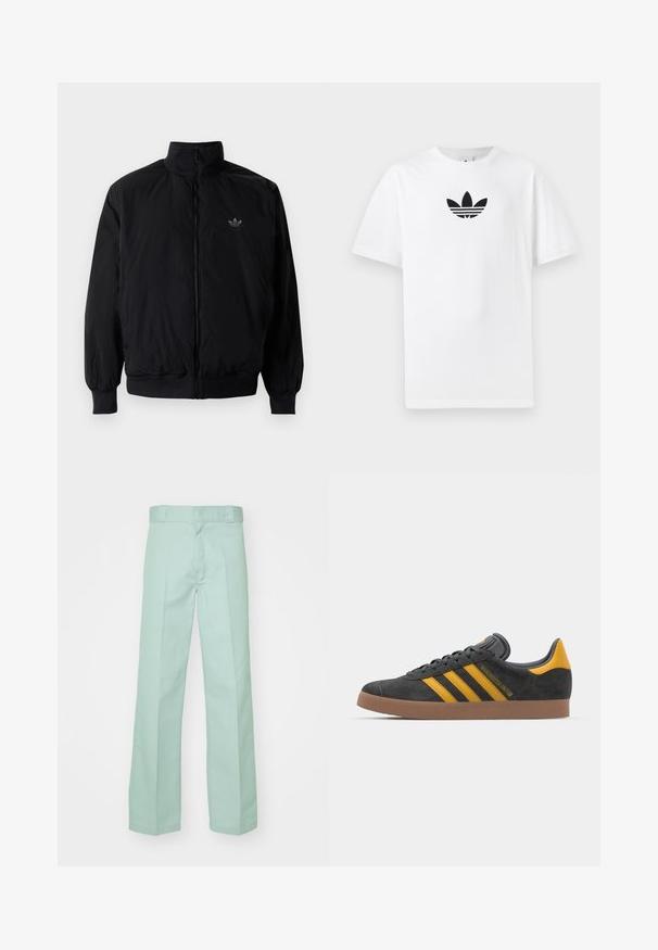 Crna jakna na zip s visokim ovratnikom, izrađena od laganog materijala. Ima elastične manžete i pojas, s malim logotipom na gornjem lijevom dijelu.; Bijela pamučna majica s crnim Adidas logom u centru. Kratki rukavi i dizajn s okruglim izrezom. Glatka tekstura.; Svijetlozelene hlače od pamuka s ravnim krojem, koje imaju glatku teksturu i standardni struk s petljama za remen.; Crne nubuk tenisice s žutim detaljima, sa tri pruge i smešnim gumenim potplatom. Imaju jastučić na jeziku za udobnost.