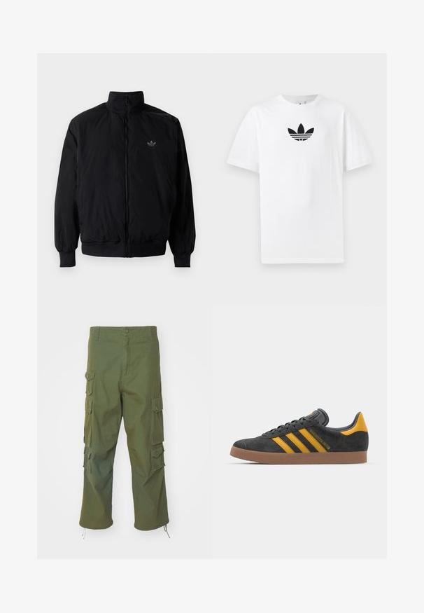 Čierna zips kombinéza s vysokým golierom, vyrobená z ľahkého materiálu. Obsahuje elastické manžety a pás, s malým logom na hornej ľavej strane.; Biely bavlnený tričko s čiernym logom Adidas v strede. Krátke rukávy a okrúhly výstrih. Hladká textúra.; Olivovo zelené cargo nohavice vyrobené z bavlny, s bočnými vreckami, zipsom na gombíky, rovného strihu a nastaviteľnými spodkami pre prispôsobiteľnú dĺžku.; Čierne semišové tenisky so žltými akcentmi, ktoré majú tri pruhy a hnedú gumovú podrážku. Obsahujú vypolstrovaný jazyk pre pohodlie.