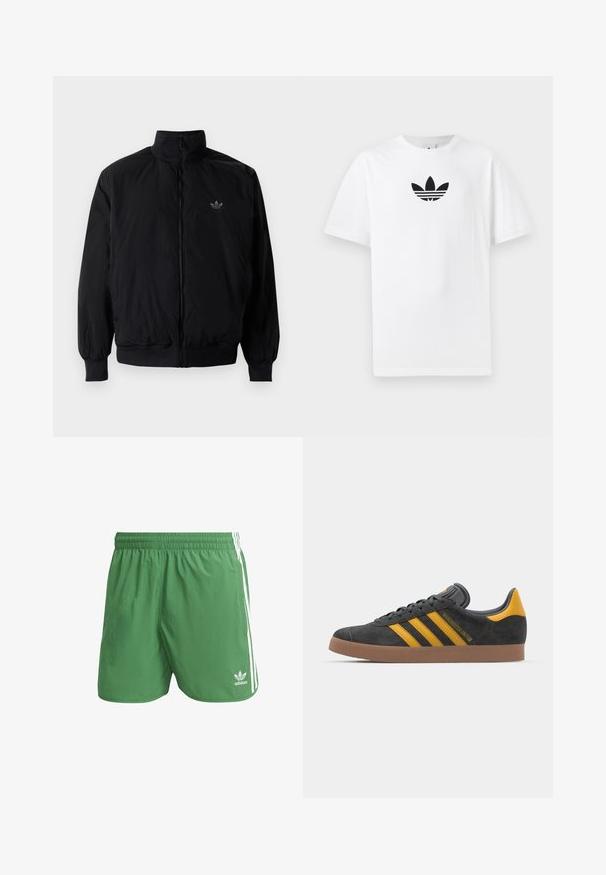 Černá zipová bunda s vysokým límcem, vyrobená z lehkého materiálu. Má elastické manžety a pas, s malým logem na horní levé straně.; Bílá bavlněná tričko s černým logem Adidas uprostřed. Krátký rukáv a design s kulatým výstřihem. Hladká textura.; Zelené sportovní šortky vyrobené z lehkého materiálu, s bílými bočními pruhy a logem Adidas na levém lemu. Elastický pas.; Černé semišové tenisky se žlutými akcenty, vybavené třemi pruhy a hnědou gumovou podrážkou. Obsahují polstrovaný jazyk pro pohodlí.